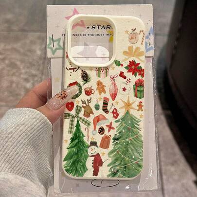 1pc TPU Material Warm Christmas Reindeer Gingerbread Man Pine Cone Watercolor Style Pattern Phone Case Suitable For IPhone/