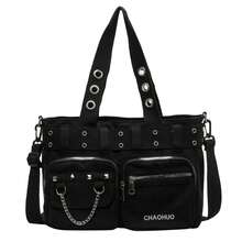 SLIN&LXZQ Vintage Large Capacity Tote Bag, Hot Girls Cool Punk Y2K Shoulder Bag, Women's Rivet Embellished Crossbody & Handbags, Versatile Multiple Pockets Solid Color Outdoor Travel Satchel Bag, Casual Daily Commuter Messenger Shopping Bags - Black - View 12