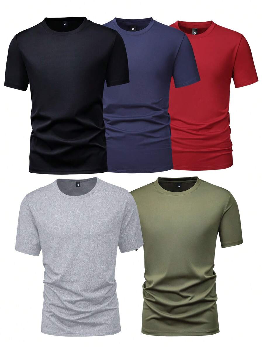 5 件男士夏季基本款纯色短袖 T 恤，常规版型，休闲运动服户外轻便上衣 - 彩色 - 查看 1