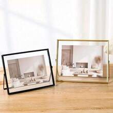 1pc Transverse Golden Metal Photo Frame, Photo Desktop Decorative Frame, Black Acrylic Transparent Stand Photo Frame, Fall Farmhouse Room Decor