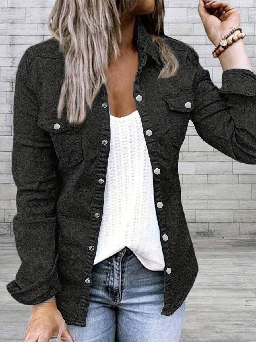 Women's Casual Solid Color Denim Shirt Slim Top Is Suitable For All Occasions,Blusas Bonitas De Mujer,Spring Outfits For Women,Country Concert Outfit,Western Tops Women,Jean Jackets For Women,Going Out Outfits. - 黑色 - 查看 1