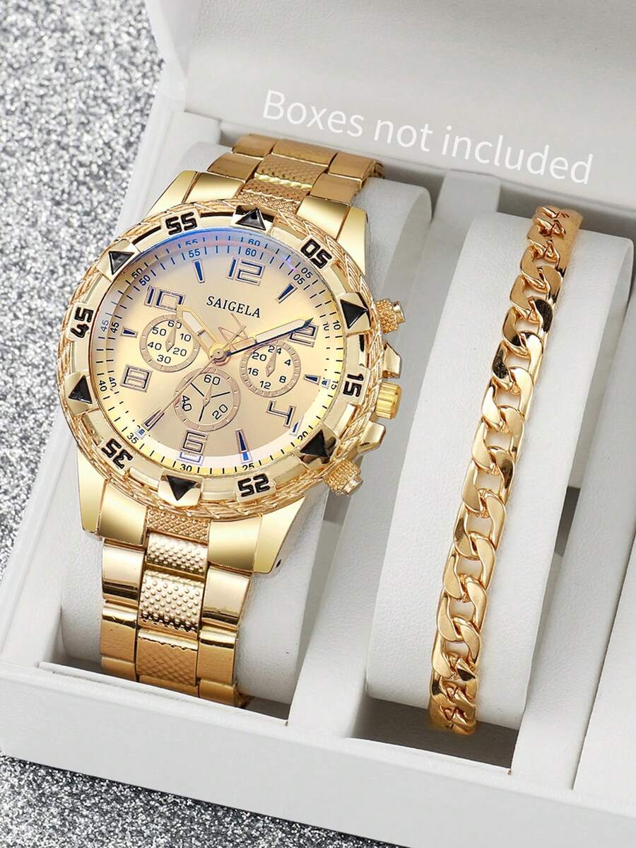 2pcs/Set Men's Steel Band Three-Eye Numeric Scale Large Dial Quartz Wrist Watch + Bracelet, No Watch Box Included - Gold - View 1