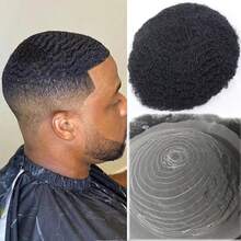 [纯天然非洲式男士假发] 100% 纯天然真人发质非洲式卷发男士假发 - 8x10 英寸瑞士蕾丝全蕾丝 2 毫米男士替换发片 - #1b 黑色透明蕾丝非洲式美国巴西非洲式男士假发 - Natural Black - 查看 6