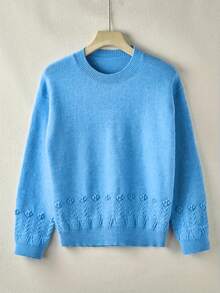 Plus Size Women Casual Loose Fit Crew Neck Drop Shoulder Long Sleeve Sweater, Elegant Dress For Women, Valentine Outfits - Blue - View 3