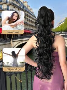 32英寸长款波浪卷马尾假发，合成耐热爪式卷曲波浪马尾假发，女士适用 - 黑色 - 查看 7