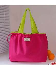 Large Capacity Reusable Drawstring Gym Bag Handbag, Portable Foldable Machine Washable Shopping Bag, Solid Color Lightweight Women's Tote Shoulder Bags Grocery Bag , Office , Green - Dark Green - View 5