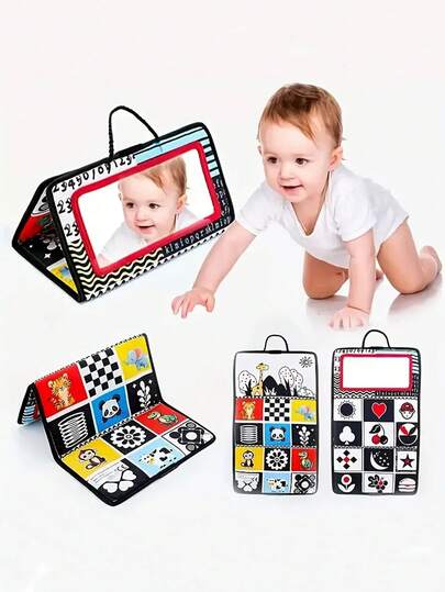 1 szt. Moja pierwsza czarno-biała, kontrastowa, miękka książeczka dla niemowląt, materiałowa książeczka do nauki leżenia na brzuszku, czarno-białe kartki dla niemowląt, składana, edukacyjna książeczka materiałowa odpowiednia dla chłopców i dziewczynek, zawiera 6 wzorów, prezent urodzinowy