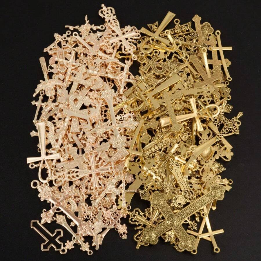 10pcs/20pcs/50pcs Retro Charms For Jewelry Making, Multiple Alloy Material Bright Gold And KC Gold Cross Mixed Pendants,Can Be Used To Make Necklaces, Bracelets, Keychain Pendants, Multiple Random Mixed Shipments - M552 - View 1