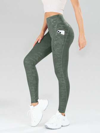 Camo Print Phone Pocket Side Tummy Control Outdoor Pants