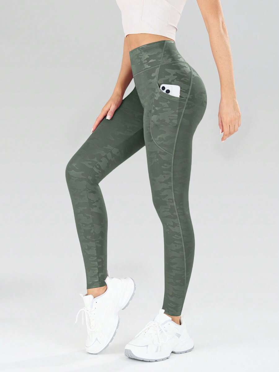 Pantalones de primavera con bolsillo para teléfono y control de abdomen, con estampado de camuflaje - Verde militar - Ver 1
