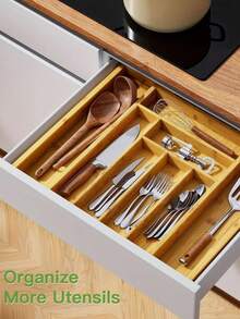 1pc Adjustable Bamboo Drawer Organizer,Retractable Knife And Fork Division Organizer Box,Drawer Type Tableware Storage Box,For Utensils And Silverware - Expandable Cutlery Tray For Kitchen, Bedroom, And Living Room - Multicolor - View 3