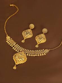 3Pcs Luxury Exquisite Beautifully Sunflower Round Piece Plated 18k Gold Necklace Earrings Sets, Suitable For Women Girls Wedding Party Daily's Wear - Gold - View 2