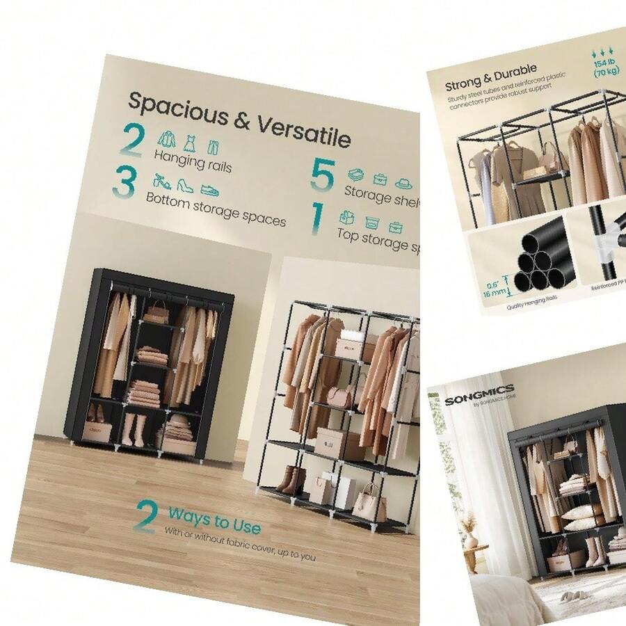 Portable 51. 2-Inch Large Capacity 3-Tier Non-Woven Fabric Closet Organizer With Hanging Rods And Shelves, Black, For Bedroom And Living Room