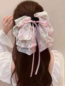 1件裝蝴蝶花卉印花素色髮夾，優雅公主風馬尾髮飾，聚酯纖維材質 - 彩色 - 查看 11