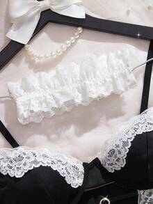 4pcs/Set New Sexy Women's Lingerie Set, Adjustable Straps, Front Slit Triangle Bra, Waist Sheer Lace Skirt, Lace Bracelet And Choker, Comfortable Seductive Intimate Apparel Set, Suitable For Carnival Parties - Black - View 4
