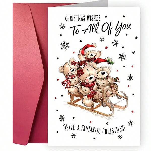 Encantadora tarjeta de Navidad con tema de oso con sobre, perfecta para familia, amigos y ocasiones especiales, deseándole una Feliz Navidad y buena suerte, ideal para Navidad