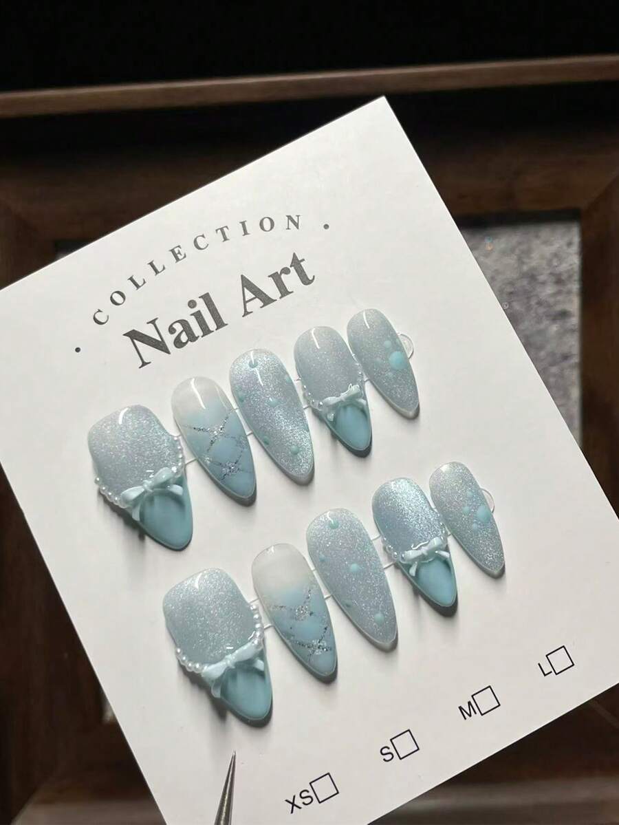 10片/包 奢华海军蓝猫眼仿珍珠腮红猫爪手工美甲装饰指甲贴片 美甲用品 手工按压式指甲贴片 - 寶藍色 - 查看 1