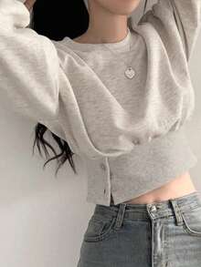 女式纯色休闲百搭束腰纽扣设计灯笼袖运动衫，秋季 - 白灰色 - 查看 3