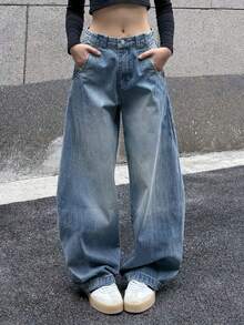 女式宽松阔腿牛仔裤，带口袋，筒形牛仔裤 - 中等水洗藍 - 查看 3