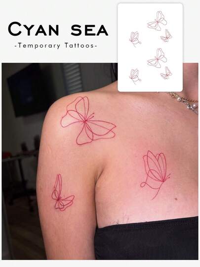1 件 Y2K 风格红线重叠蝴蝶临时纹身贴纸，防水防汗可水洗仿纹身，适用于手臂/肩膀，适合时尚爱好者