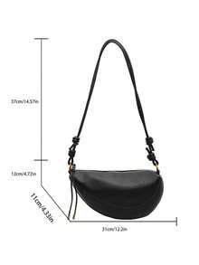 1pc Solid Color PU Leather Shoulder Bag For Women, Vintage Fashion Crescent Shaped Shoulder Bag With Zipper Closure, Suitable For Daily And Outdoor Use - Black - View 3