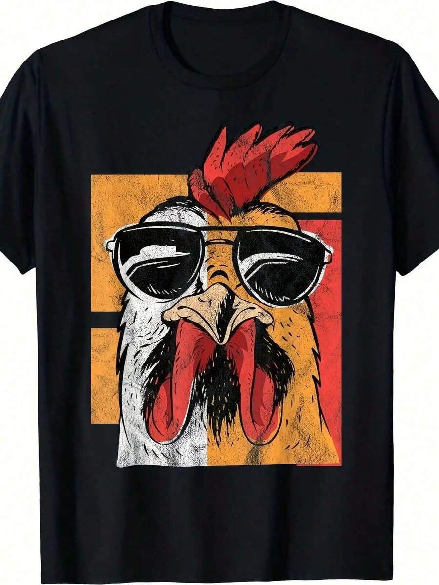 Camiseta Retro de Gallo Genial con Gafas, Camiseta Deportiva para Hombre Cómoda y Versátil, Adecuada para Primavera, Verano y Otoño - Negro - Ver 1