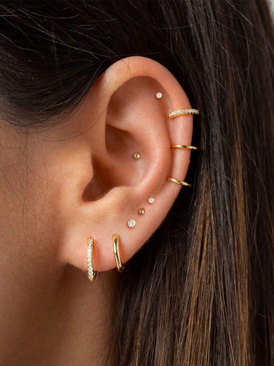 Bộ 10 khuyên tai cổ điển, có thể đeo chồng lên nhau, làm từ thép không gỉ mạ vàng 14K, phù hợp với nhiều vị trí xỏ khuyên, đính kèm các hạt đá Cubic Zirconia nhỏ, kiểu dáng đinh tán phẳng, có thể đeo ở dái tai, sụn tai, vành tai, v.v. - Vàng3# - Xem 1