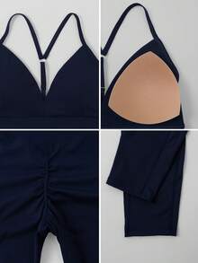 NcmRyu 1 set femei fără cusături confortabile casual culoare solidă sexy cu decolteu în V cu bretele încrucișate și talie în V cu bandă elastică pantaloni lungi pentru fitness, antrenament, alergare, yoga