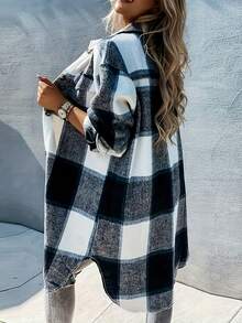 Plus Size Plaid Mid-Length Shirt, Collar, Long Drop Shoulder Sleeve, Button Front Pocket, Woven Fabric, Non-Stretch Denim Plus Size Plaid Jacket