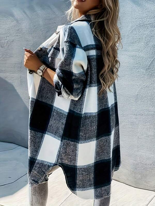 Plus Size Plaid Mid-Length Shirt, Collar, Long Drop Shoulder Sleeve, Button Front Pocket, Woven Fabric, Non-Stretch Denim Plus Size Plaid Jacket