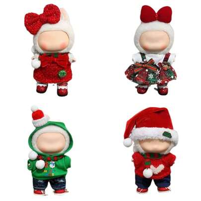 (仅服装) 全新1-2-3代15-17厘米 圣诞系列服装套装，包含背带裙、卫衣、牛仔裤、蝴蝶结配饰、圣诞帽。可爱、有趣、新颖。适用于 娃娃派对服装， 冬季圣诞套装