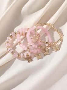 4pcs Bohemian Handmade Glass Beaded Bracelet Set With Flower Bead & Butterfly Pendant For Women, Elastic - 粉色 - 查看 5