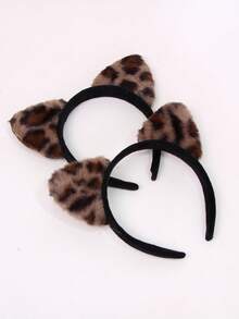 2 件豹纹猫耳头带，甜美可爱，适合节日派对服装 - 棕色 - 查看 5