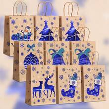 6/12/18/24pcs Kraft Paper Gift Bags With Hot Stamping Effect, Santa Claus, Reindeer, Christmas Tree Pattern, Suitable For Christmas Party Decoration, Birthday Party Favors