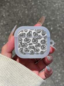 1 pieza Funda de auricular con impresión UV de cara sonriente gris gruesa, compatible con auriculares Bluetooth de Apple, cubierta transparente clara