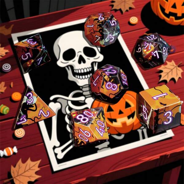 7pcs/Set Acrylic Polyhedral Dice With Skull, Bat, Pumpkin Lantern Patterns, Board Game, Outdoor Yard Game, Halloween, Christmas Gift, Gift Box