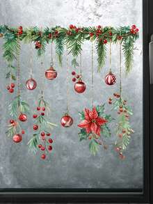 1 pieza Pegatina de plantas verdes navideñas para ventana, pegatina de vidrio con hojas de pino y bayas rojas, poinsettia, ramas de árbol de Navidad, pegatinas para ventanas, para decoración de fiestas navideñas, hogar, centro comercial, decoración de pared, decoración de habitación, decoración navideña, decoraciones navideñas para el hogar - Multicolor - Ver 5