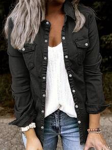 Women's Casual Solid Color Denim Shirt Slim Top Is Suitable For All Occasions,Blusas Bonitas De Mujer,Spring Outfits For Women,Country Concert Outfit,Western Tops Women,Jean Jackets For Women,Going Out Outfits. - 黑色 - 查看 2