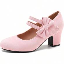 Enelauge Women's Mary Jane Heels With Bow Retro Closed Round Toe Pumps Sweet Ankle Strap Low Block Heels Chic Bowtie Vintage Dress Wedding Party Office Daily ShoesChristmas - 粉紅色絨面革 - 查看 1