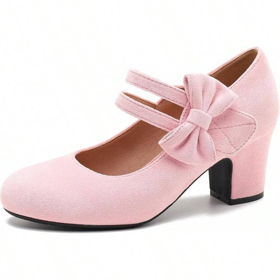 Enelauge Women's Mary Jane Heels With Bow Retro Closed Round Toe Pumps Sweet Ankle Strap Low Block Heels Chic Bowtie Vintage Dress Wedding Party Office Daily ShoesChristmas - 粉紅色絨面革 - 查看 1