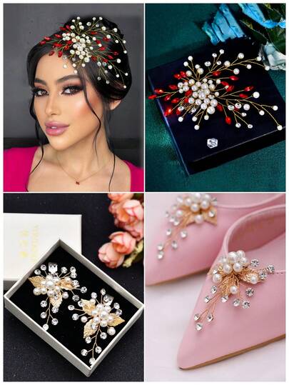 1 Set Handmade Women's Red Crystal Pearl Hair Comb, Hair Clip, Shoe Buckle Set, Bridal Headpiece, High Heels, Wedding Shoes Clips, Wedding Photography Accessories