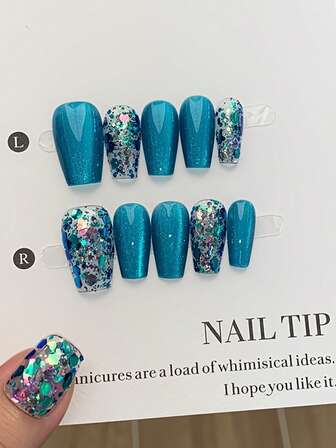 Custom Handmade Nail Art Gel Manicure Dopamine Wearable Finished Product, Removable Wearable Blue Cat Eye, Cola Style, Holiday Christmas Party Style, Reusable Tool Kit