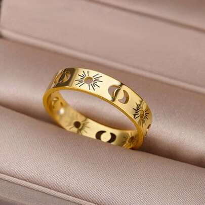 1pc Islamic Sun Moon Ring For Women Men Simple 18K Gold Plated Stainless Steel Finger Ring Multi Size Ring Festival Fashion Jewelry Accessories Gifts