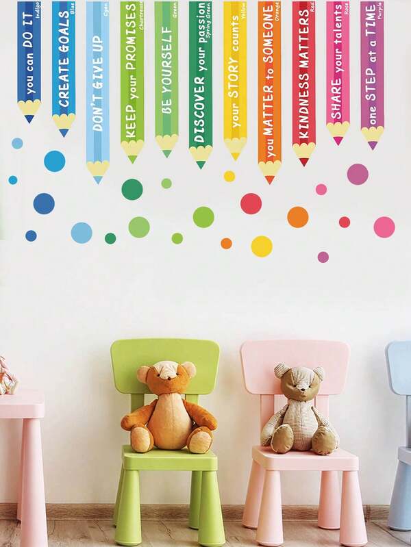 1pc Cartoon Crayon English Decorative Wall Sticker, Removable Wall Decor For Children's Room, Nursery Wall Stickers Room Decor Bedroom Decor Kitchen Decor Home Decor
