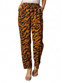 Tiger Print Animal Print Pocket Mesh Drawstring Holiday - 咖啡棕 - 查看 2