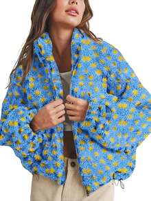 Sherpa Checkered Jacket For Women Plaid Zip Up Fleece Jacket With Pockets Winter Fall Fuzzy Cropped Coats - 藍色 - 查看 1