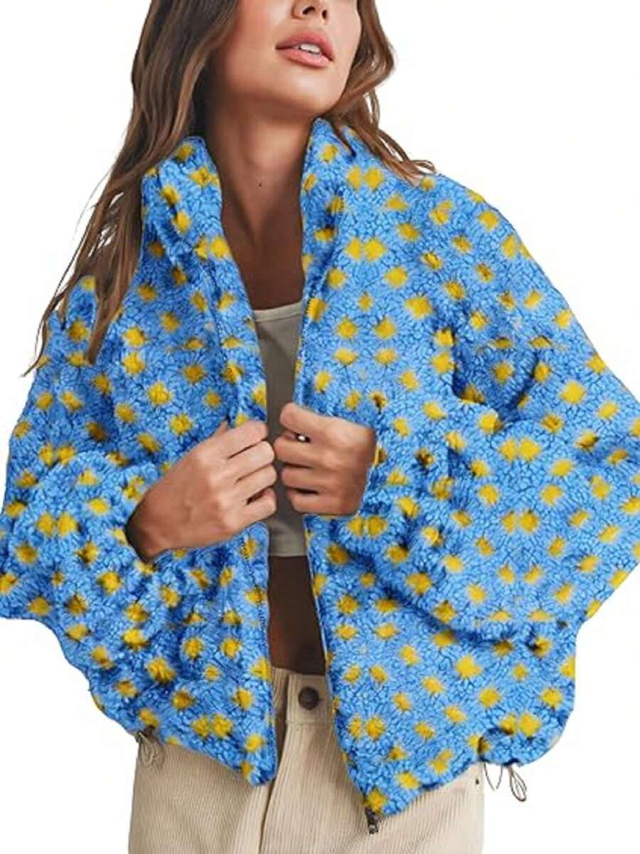 Sherpa Checkered Jacket For Women Plaid Zip Up Fleece Jacket With Pockets Winter Fall Fuzzy Cropped Coats - 藍色 - 查看 1