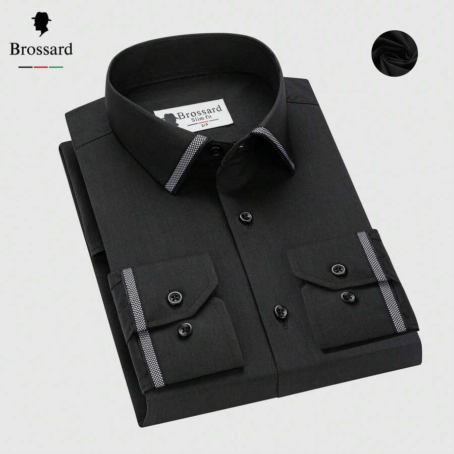 Camisa Social Masculina Elástica e Respirável, Clima do Brasil, para Dia a Dia, Trabalho e Casual, Múltiplas Cores, Frete Grátis, Tamanhos PP-XXG, Poliéster, 56% Algodão, 40%  Alastano,4% - Preto - Visão 1