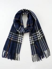 1件装女士时尚经典简约条纹格子撞色流苏装饰围巾，多功能保暖防风围巾/披肩，适合秋冬季户外、休闲、旅行 - 米色 - 查看 8