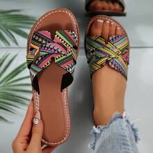 New Colorful Women Flat Sandals, Tropical Print Bohemian PU Leather Quilted Flat Sandals, Comfortable Breathable For Beach, Spring/Summer